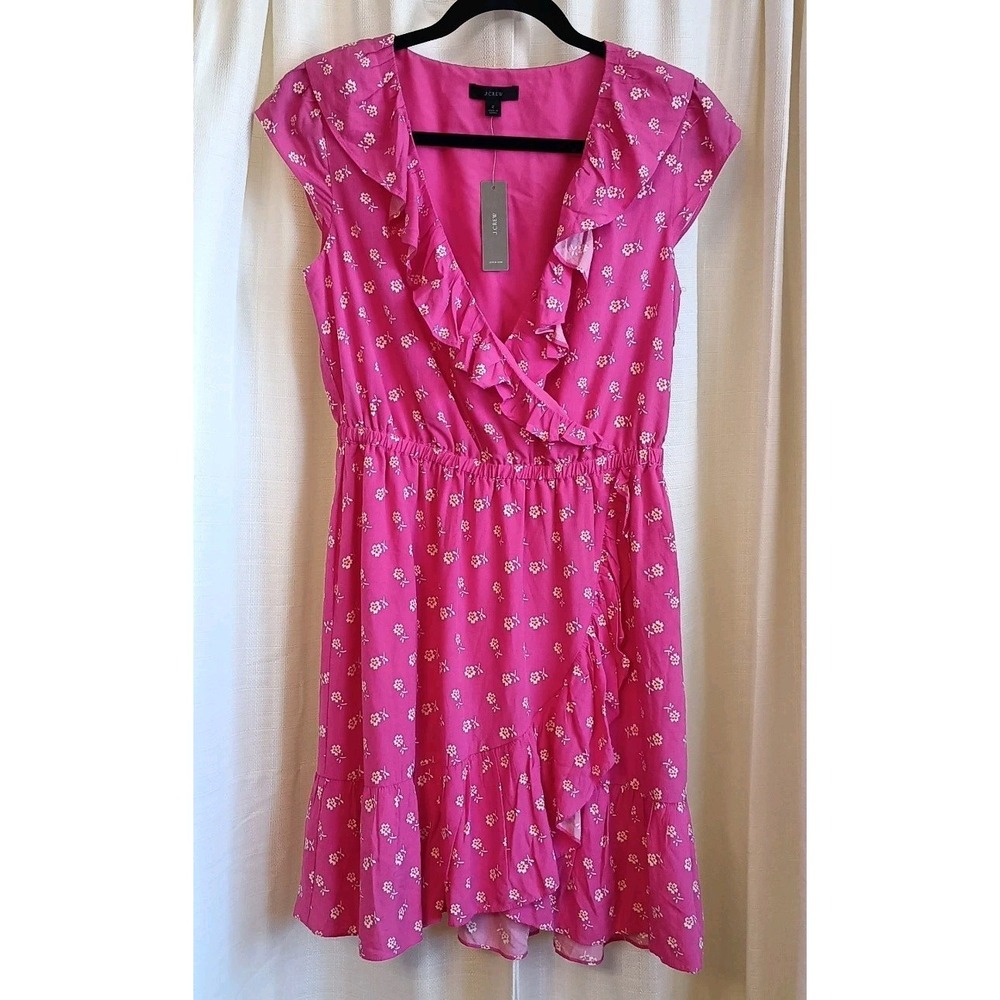 J.Crew Pink Floral Ruffle Wrap Dress Lenzing Ecovero Viscose Women 2 NEW Cottage